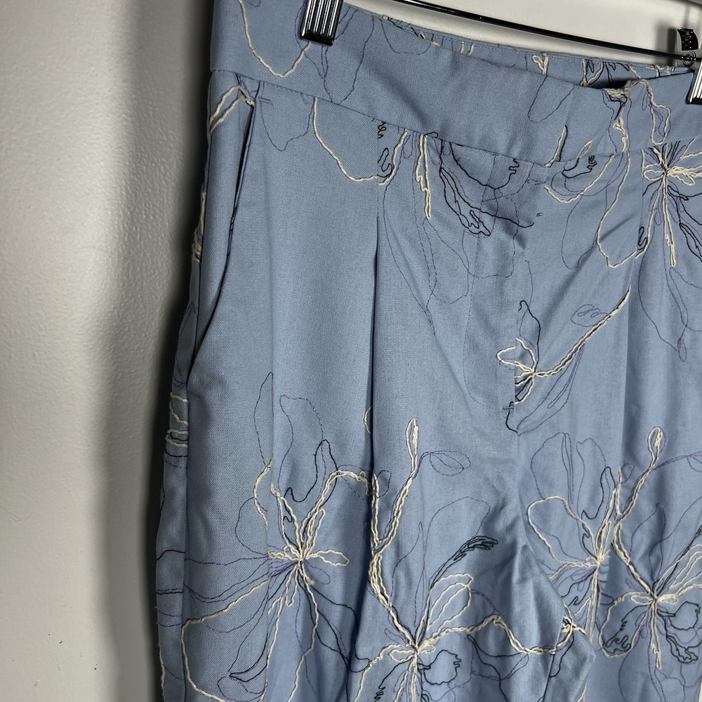 Zara Size Medium Blue Floral Embroidery High Rise Ankle Pleated Pants NWOT - Picture 6 of 14